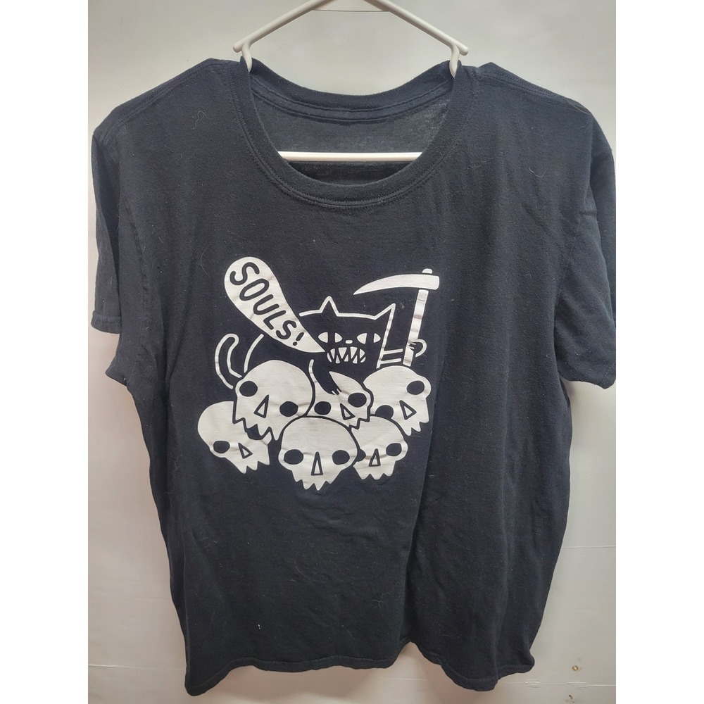 Mens‎ Black Cat Grim Reaper sz L Skulls Souls Graphic Print T-Shirt